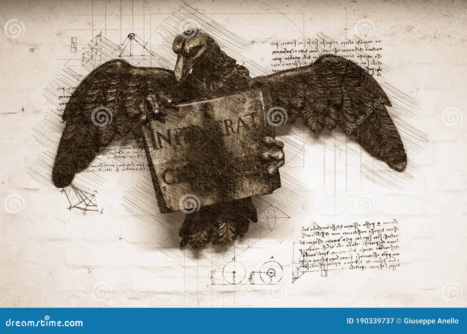 sketch of a wooden sculpture of an eagle holding a book